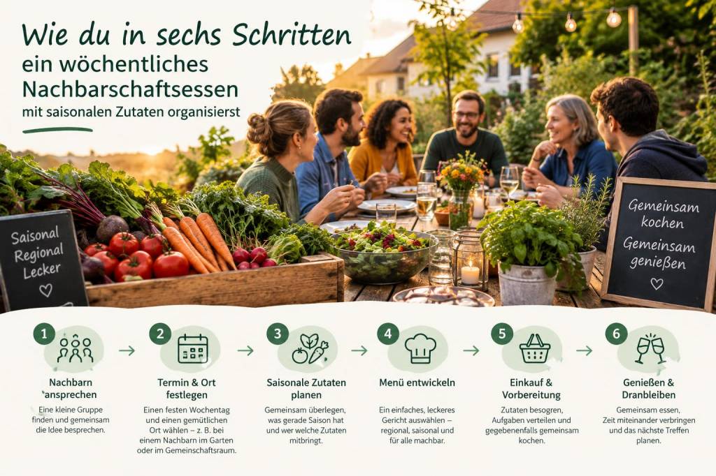 Wie du in sechs schritten ein wöchentliches nachbarschaftsessen mit saisonalen zutaten organisierst