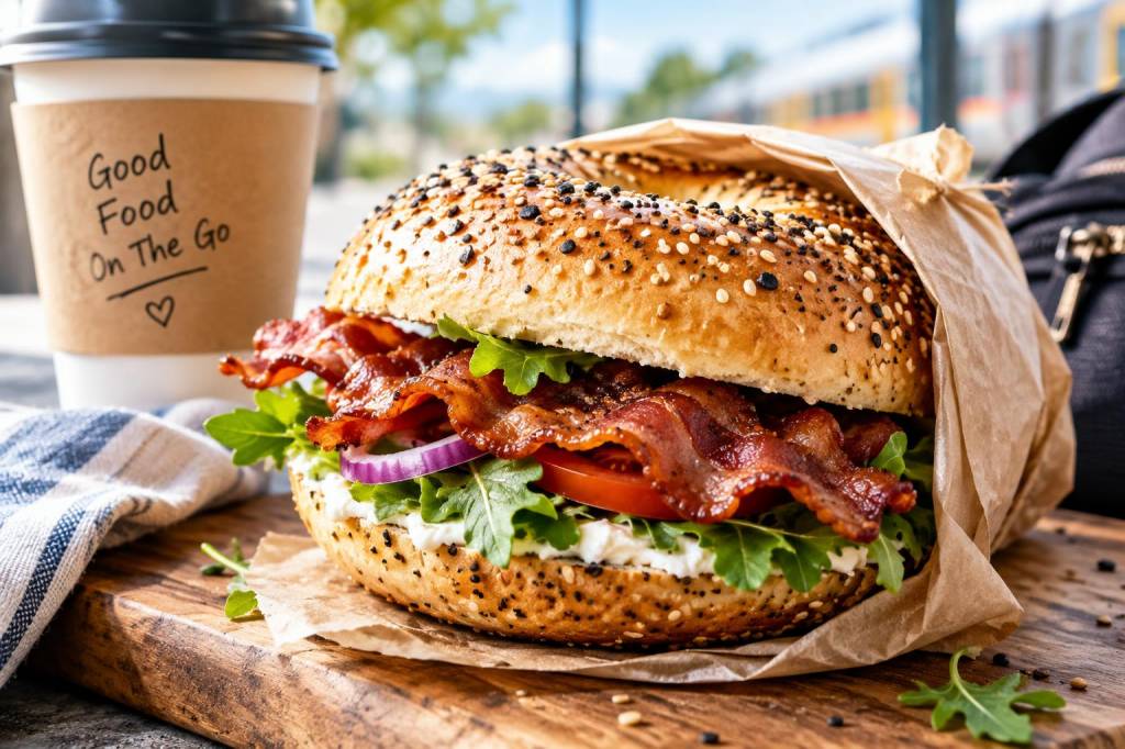 Rezept für recette de bagel garni au bacon croustillant unterwegs